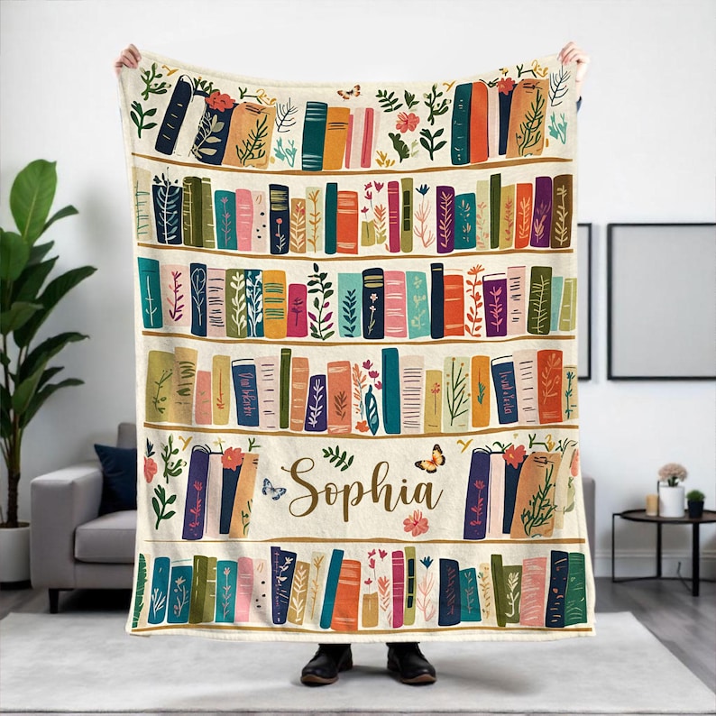 Vintage Bookshelf Library Throw Blanket, Cottagecore Book Wildflowers Blanket Gift For Book Lover Library Gift Floral Bookish Gift For Reader
