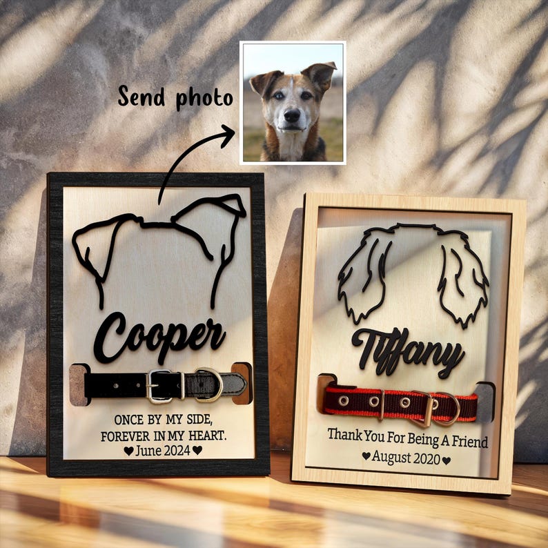Custom Dog Ear Memorial frame Sign from Photo, Memorial Pet Collar Holder, Dog Memorial Wood Frame With Collar Holder, Dog Ear Outline