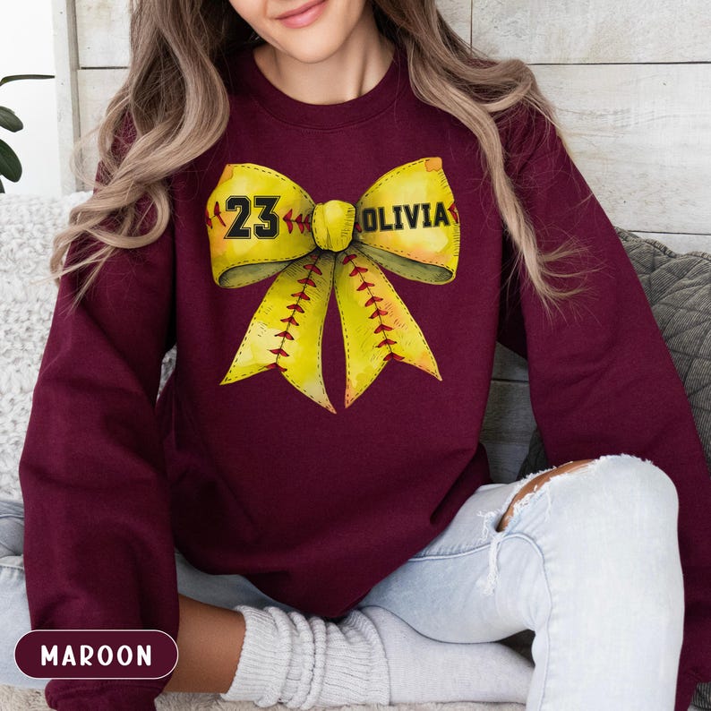 Custom Softball Coquette Sweatshirt, Softball Bow Sweatshirt, Softball Mom Sweatshirt, Custom Game Day Sweatshirt, Softball Sister Crewneck
