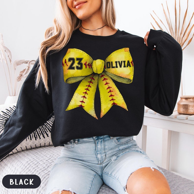 Custom Softball Coquette Sweatshirt, Softball Bow Sweatshirt, Softball Mom Sweatshirt, Custom Game Day Sweatshirt, Softball Sister Crewneck