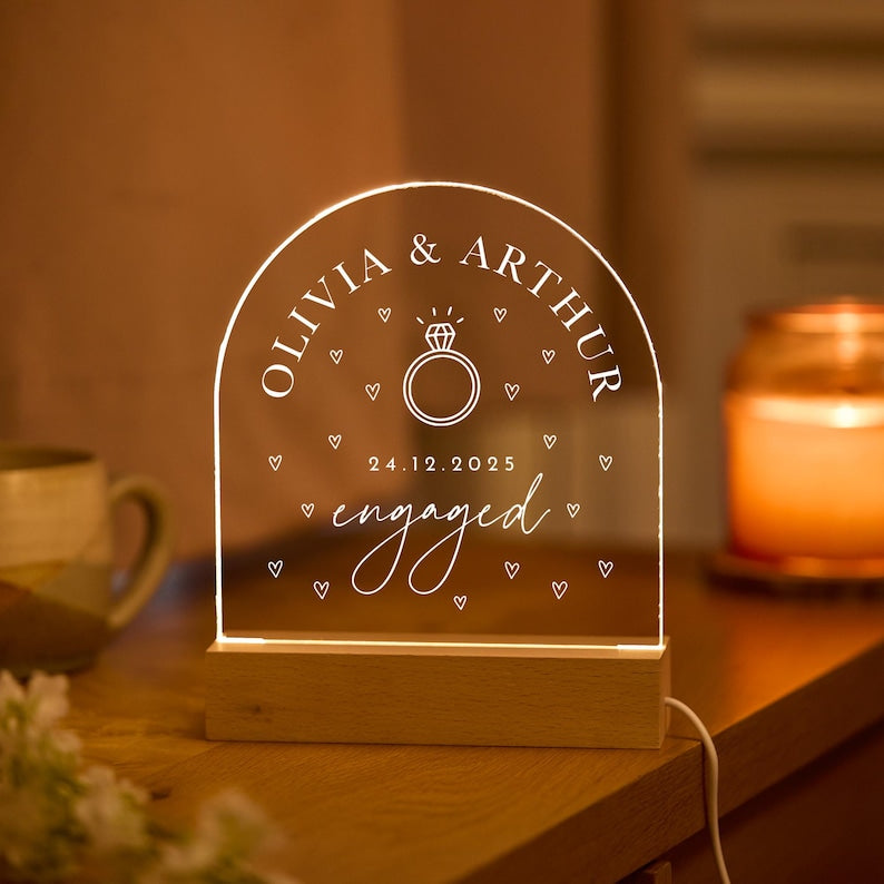 Personalised Engagement Gift LED Light Custom Couple Name Engagement Date Ring Design Fiancé Fiancée Wedding Keepsake Bedroom Decor