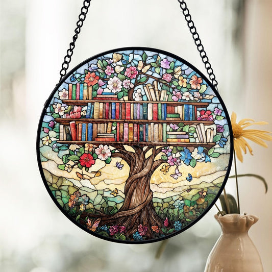 Library Tree Stained Glass Suncatcher, Bookshelf Window Decor, Floral Literary Art, Stained Glass Book Lover Gift, Home Library Ornament