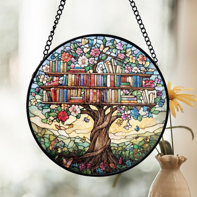 Library Tree Stained Glass Suncatcher, Bookshelf Window Decor, Floral Literary Art, Stained Glass Book Lover Gift, Home Library Ornament