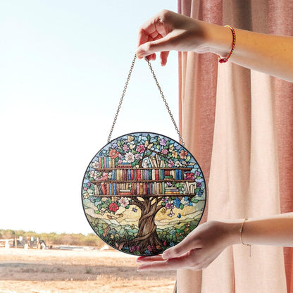 Library Tree Stained Glass Suncatcher, Bookshelf Window Decor, Floral Literary Art, Stained Glass Book Lover Gift, Home Library Ornament