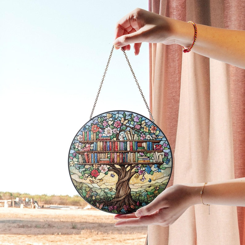 Library Tree Stained Glass Suncatcher, Bookshelf Window Decor, Floral Literary Art, Stained Glass Book Lover Gift, Home Library Ornament