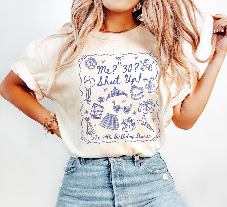 30th Birthday Diaries Shirt, Princess Thirtieth Birthday Tee, Matching Dirty Thirty Birthday Crewneck, Coquette Friend Gift