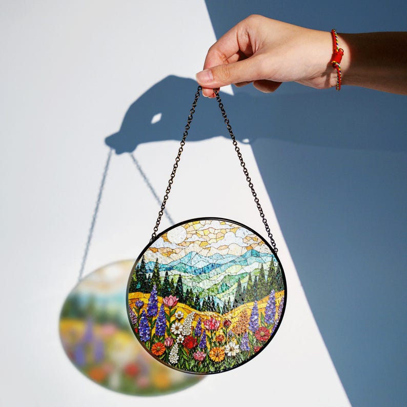 Mountain Wildflower Suncatcher Stained Glass Window Hanging Nature Art Gift for Mom Birthday