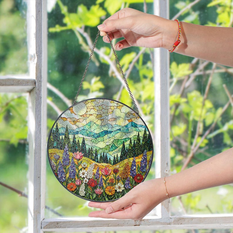 Mountain Wildflower Suncatcher Stained Glass Window Hanging Nature Art Gift for Mom Birthday