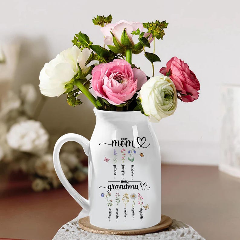 Personalized Birth Flower Flower Vase, First Mom Now Grandma Gift, Grandmas Garden Flower Vase, Grandma Gift from Grandkid, Mothers Day Gift