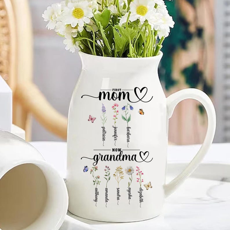 Personalized Birth Flower Flower Vase, First Mom Now Grandma Gift, Grandmas Garden Flower Vase, Grandma Gift from Grandkid, Mothers Day Gift