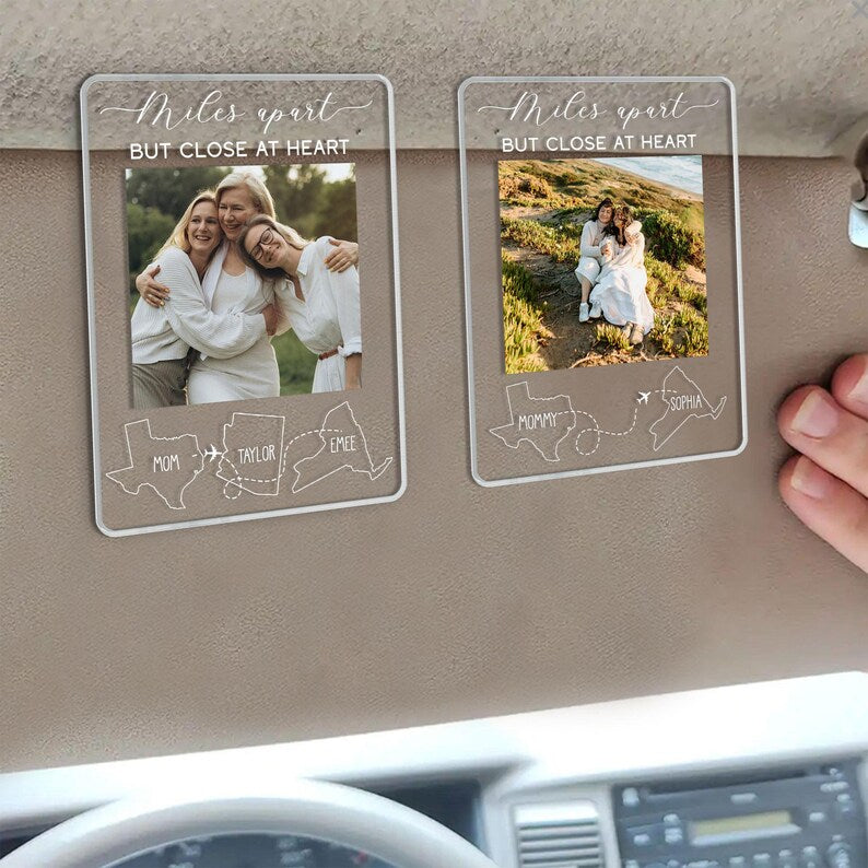 Miles Apart But Close At Heart Car Visor Clip, State To State Gift Car Accessories, Personalize Mom Long Distance Sun Clip, Family Car Visor