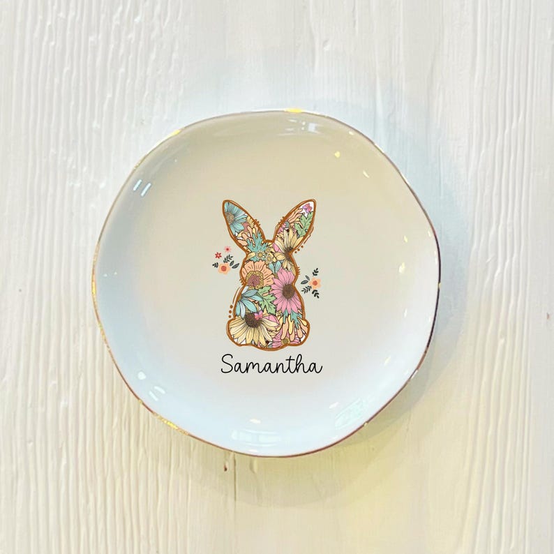 Personalized Easter Bunny Ring Dish: Floral Watercolor Trinket Dish