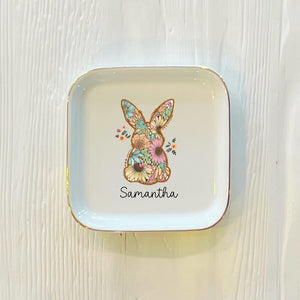 Personalized Easter Bunny Ring Dish: Floral Watercolor Trinket Dish