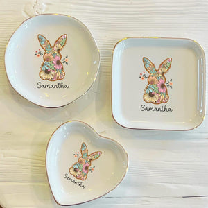 Personalized Easter Bunny Ring Dish: Floral Watercolor Trinket Dish