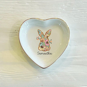 Personalized Easter Bunny Ring Dish: Floral Watercolor Trinket Dish