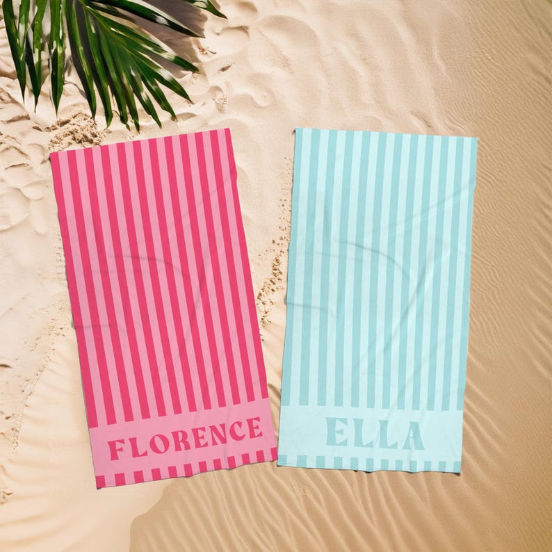 Custom Stripe Beach Towel with Name, Beach Bridal Party Towel, Preppy Girls Pool Towel, Swimming Club Towel, Summer Essentials Vacation