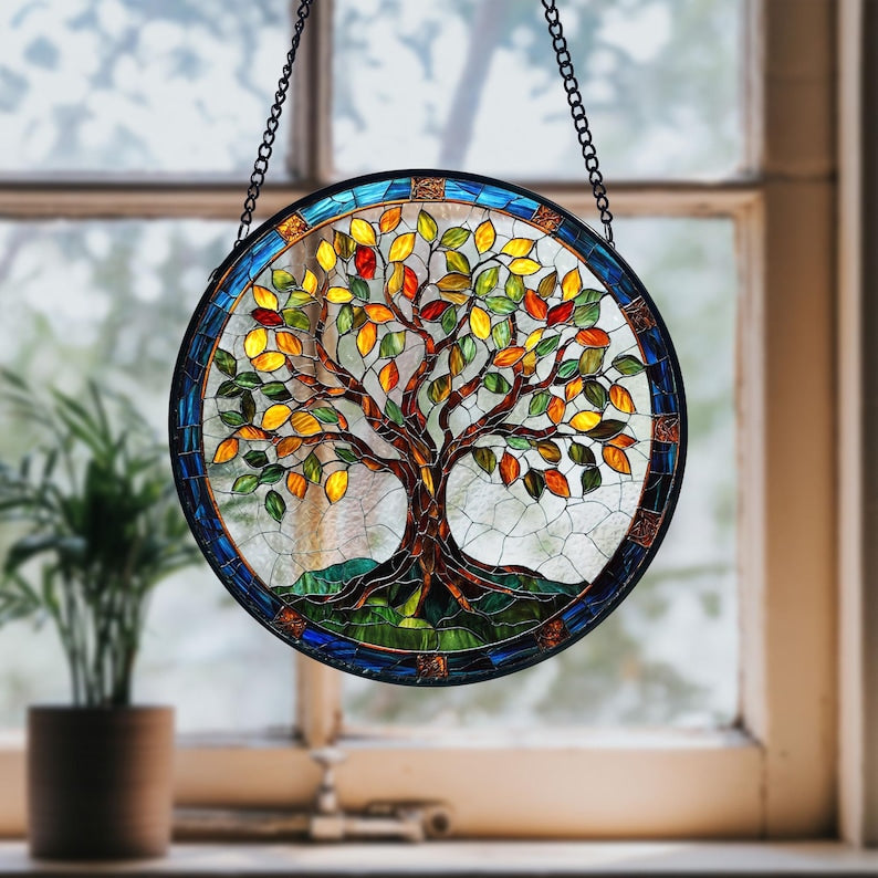 Stained Glass Tree of Life Suncatcher: Handmade Window Hanging Decor
