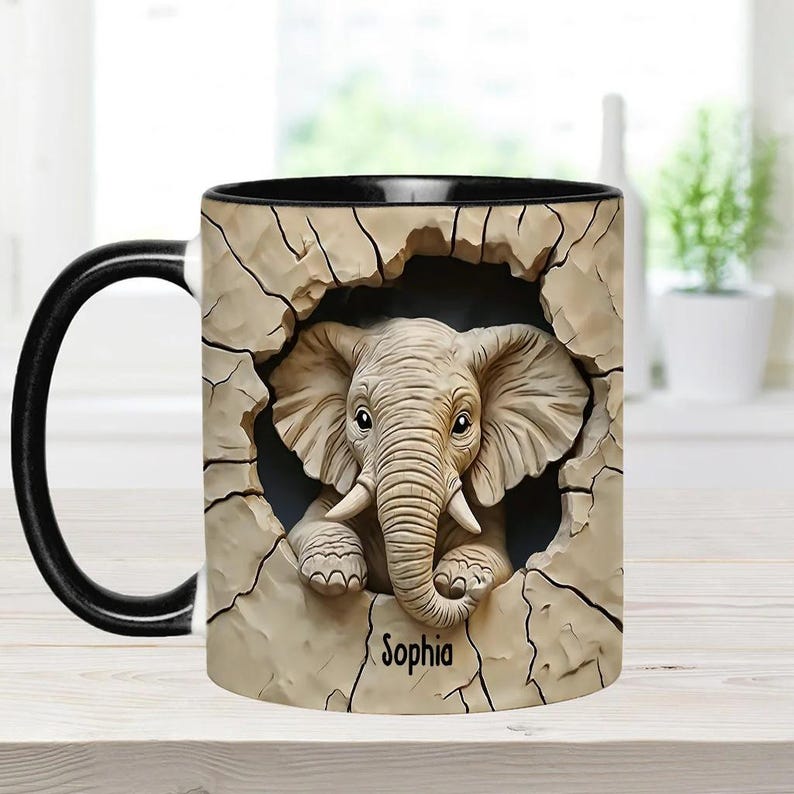 Love Elephant Personalized Elephant Accent Mug, Custom Name Gift for Elephant Lovers, Elephant Coffee Cup, Ceramic Animal Lover Mug
