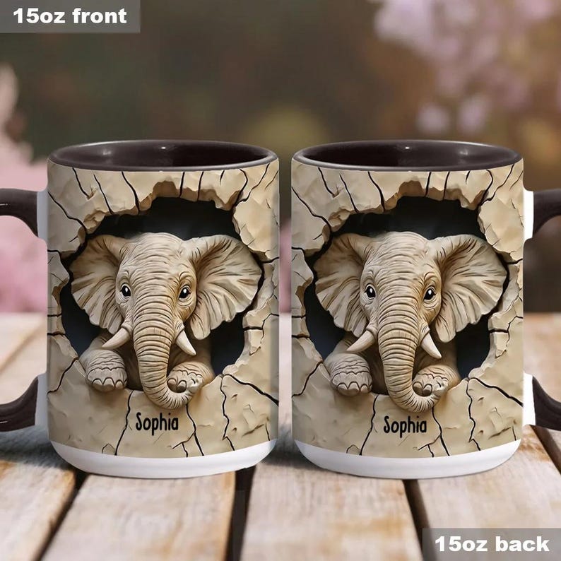 Love Elephant Personalized Elephant Accent Mug, Custom Name Gift for Elephant Lovers, Elephant Coffee Cup, Ceramic Animal Lover Mug