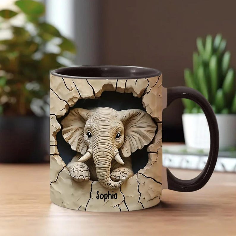 Love Elephant Personalized Elephant Accent Mug, Custom Name Gift for Elephant Lovers, Elephant Coffee Cup, Ceramic Animal Lover Mug