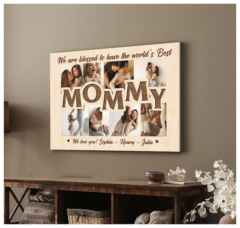 Personalized Mommy Photo Collage Canvas, Custom Mother's Day Gift, Family Picture Wall Art, Unique Birthday Gift for Mom from Daughter & Son