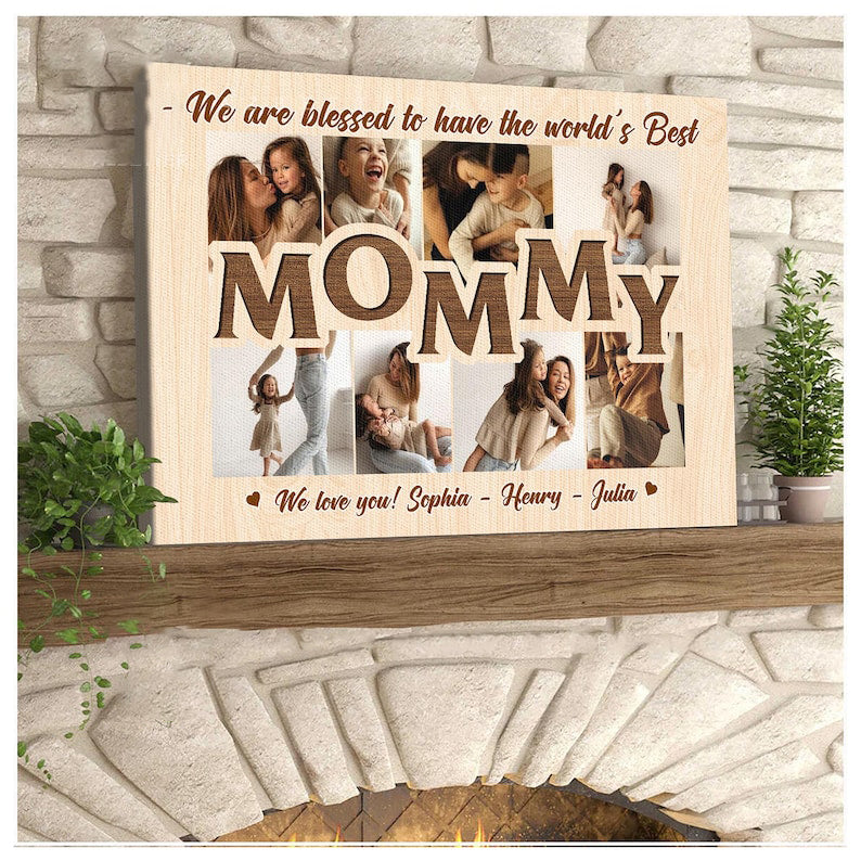 Personalized Mommy Photo Collage Canvas, Custom Mother's Day Gift, Family Picture Wall Art, Unique Birthday Gift for Mom from Daughter & Son