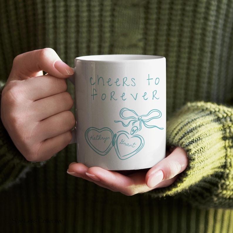 Custom Heart Locket Ceramic Mug | Newly Engaged Gift, Something Blue Fiance Gift, Engagement Gift Box, Cappuccino Coffee Lover Mug