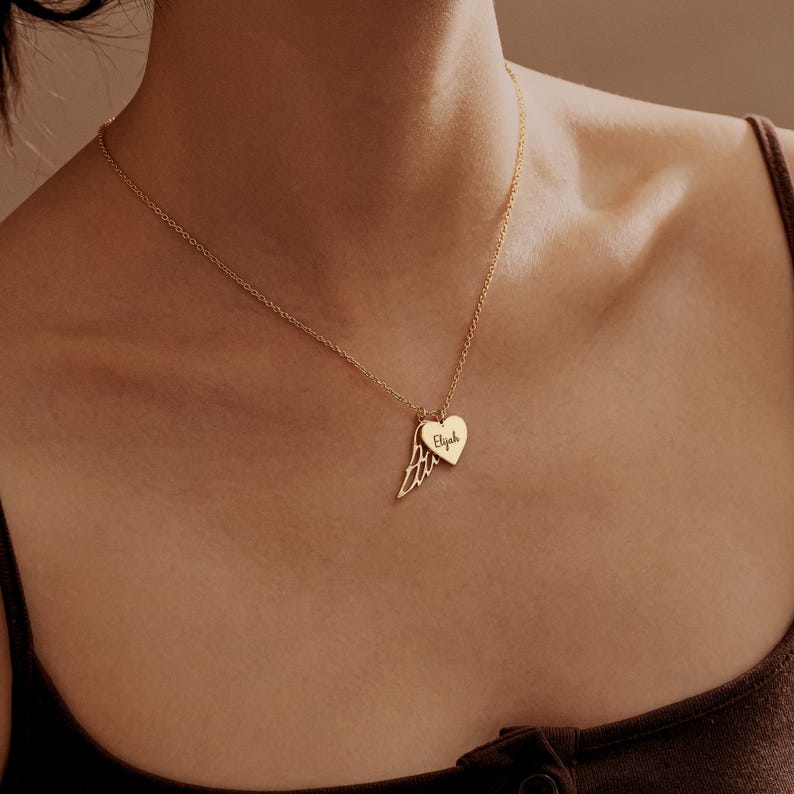 Heart Pendant Name Necklace with Angel Wing, Engraved Name Wing Necklace, Memorial Necklace, Sympathy Gift, Keepsake Gift, Mothers Day Gift