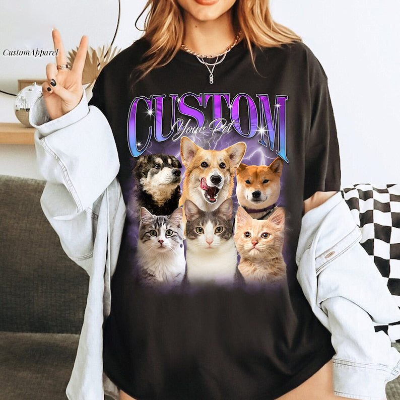 Custom Bootleg Pet Shirt, Custom Dog Shirt, Personalized with Your Own Dog or Cat,Dog Photo Retro 90's Tee Gift For Her