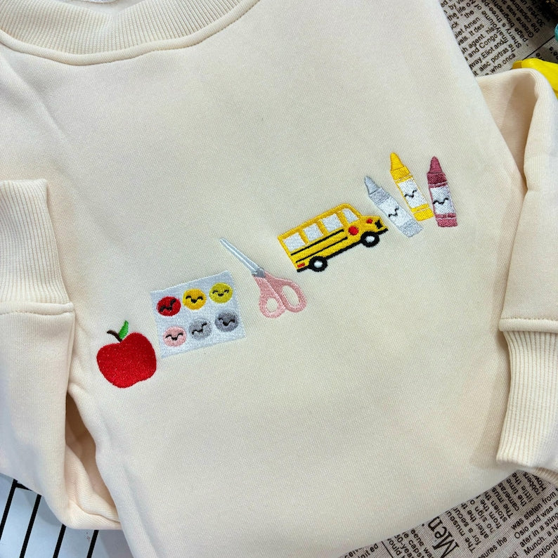 Embroidered Teacher Life Crewneck Sweatshirt with Cute Teacher Icons, Embroidered Teacher Sweatshirt, Teacher Appreciation, Teacher Gift
