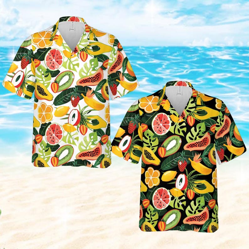 Tropical Fruits Hawaiian Shirt, Hello Summer Button Up Shirt, Aloha Summer Gift, Funny Summer Vacation Shirt