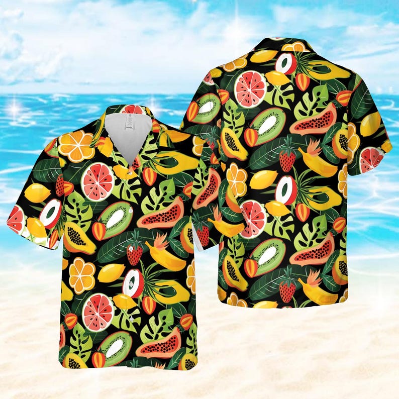 Tropical Fruits Hawaiian Shirt, Hello Summer Button Up Shirt, Aloha Summer Gift, Funny Summer Vacation Shirt