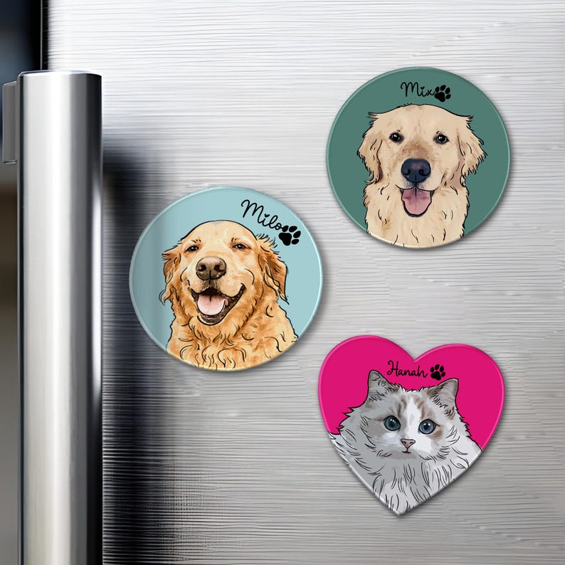 Personalized Pet Portrait Photo Magnets, Hand Drawn Magnet, Custom Pet Magnets, Gift for Dog Mom, Dog Cat Lover Gifts, Pet Birthday Decor