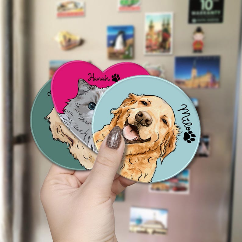 Personalized Pet Portrait Photo Magnets, Hand Drawn Magnet, Custom Pet Magnets, Gift for Dog Mom, Dog Cat Lover Gifts, Pet Birthday Decor