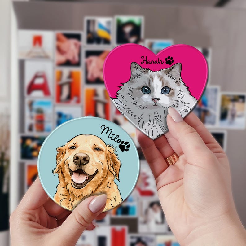 Personalized Pet Portrait Photo Magnets, Hand Drawn Magnet, Custom Pet Magnets, Gift for Dog Mom, Dog Cat Lover Gifts, Pet Birthday Decor