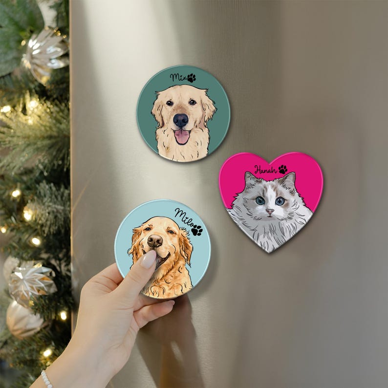 Personalized Pet Portrait Photo Magnets, Hand Drawn Magnet, Custom Pet Magnets, Gift for Dog Mom, Dog Cat Lover Gifts, Pet Birthday Decor