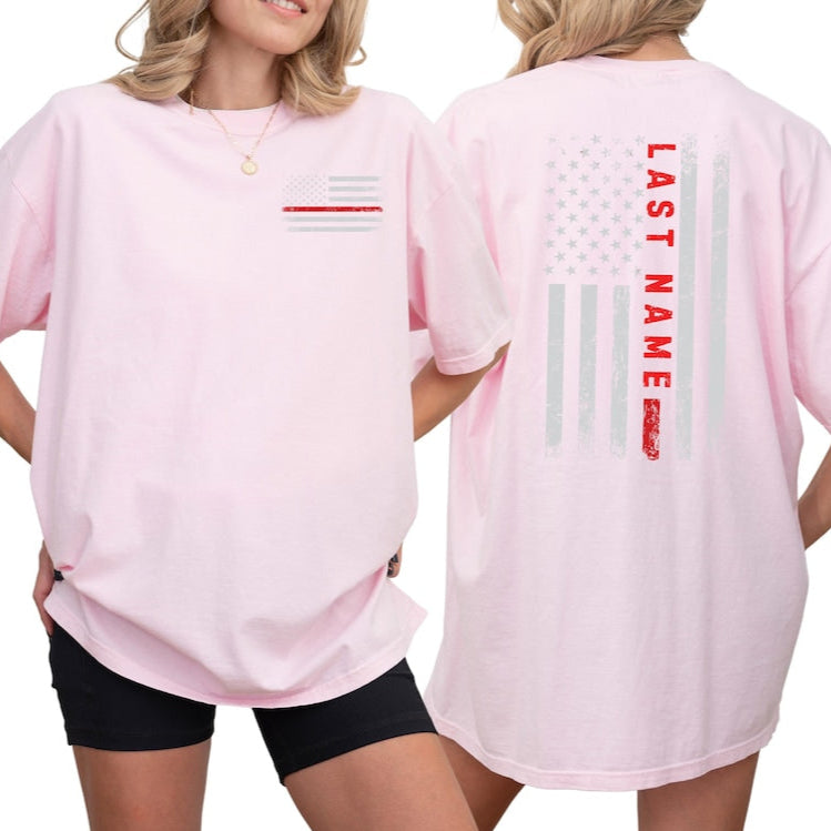 Custom last name firefighter tshirt | Personalized firefighter shirt | Gift for firefighter wife | Custom fireman gift | Red line flag