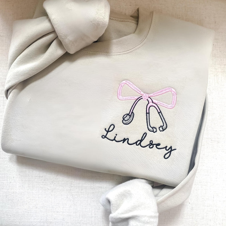 Embroidered Stethoscope Sweatshirt, Nurse Sweatshirt, Personalized Nurse Sweatshirt, Coquette Bow, Custom Nurse Sweatshirt, Bow Sweatshirt il_794xN.6703478814_brly.jpg