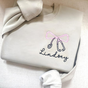 Embroidered Stethoscope Sweatshirt, Nurse Sweatshirt, Personalized Nurse Sweatshirt, Coquette Bow, Custom Nurse Sweatshirt, Bow Sweatshirt il_794xN.6703478814_brly.jpg