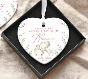 Personalised First Mother's Day Nanny Gift, First Mothers Day as my Mummy Grandma Nanna Nannie Keepsake, Mothers Day Ceramic Heart Ornament