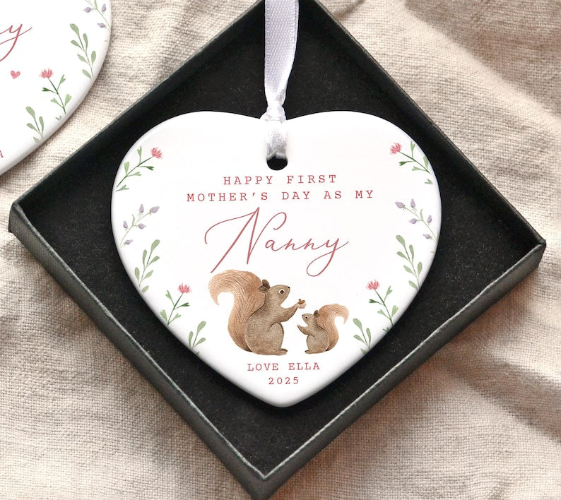 Personalised First Mother's Day Nanny Gift, First Mothers Day as my Mummy Grandma Nanna Nannie Keepsake, Mothers Day Ceramic Heart Ornament