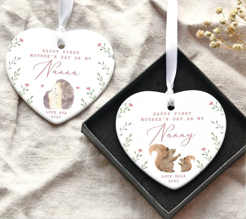 Personalised First Mother's Day Nanny Gift, First Mothers Day as my Mummy Grandma Nanna Nannie Keepsake, Mothers Day Ceramic Heart Ornament