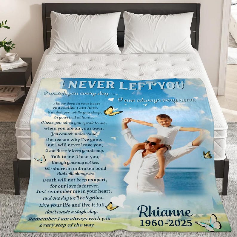 Personalized Memorial Blanket with Photo I Never Left You Sympathy Gift for Loss of Grandma Grandpa Memorial Photo Blanket Remembrance Gift