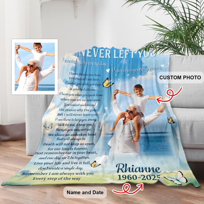 Personalized Memorial Blanket with Photo I Never Left You Sympathy Gift for Loss of Grandma Grandpa Memorial Photo Blanket Remembrance Gift