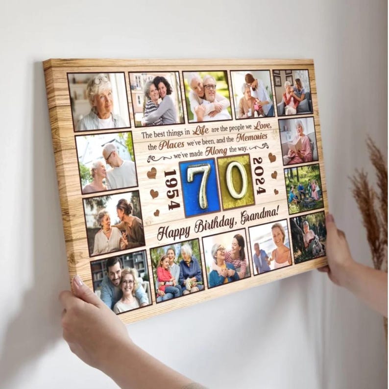 Custom 70th Birthday Gift for Grandma - Personalized Photo Collage Canvas - Grandmother Birthday Gift - Grandpa Birthday Memory Wall Art