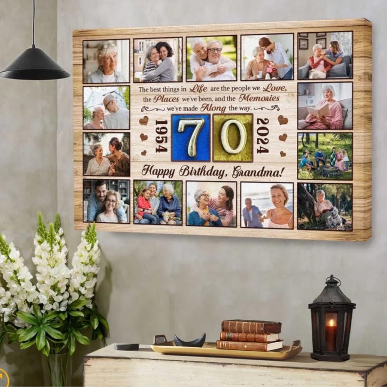 Custom 70th Birthday Gift for Grandma - Personalized Photo Collage Canvas - Grandmother Birthday Gift - Grandpa Birthday Memory Wall Art
