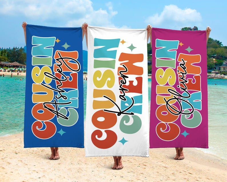 Personalized Cousin Crew Beach Towel, Summer Beach Gift for Cousin, Custom Name Pool Towel, Matching Cousin Trip Gift, Family Vacation Gift