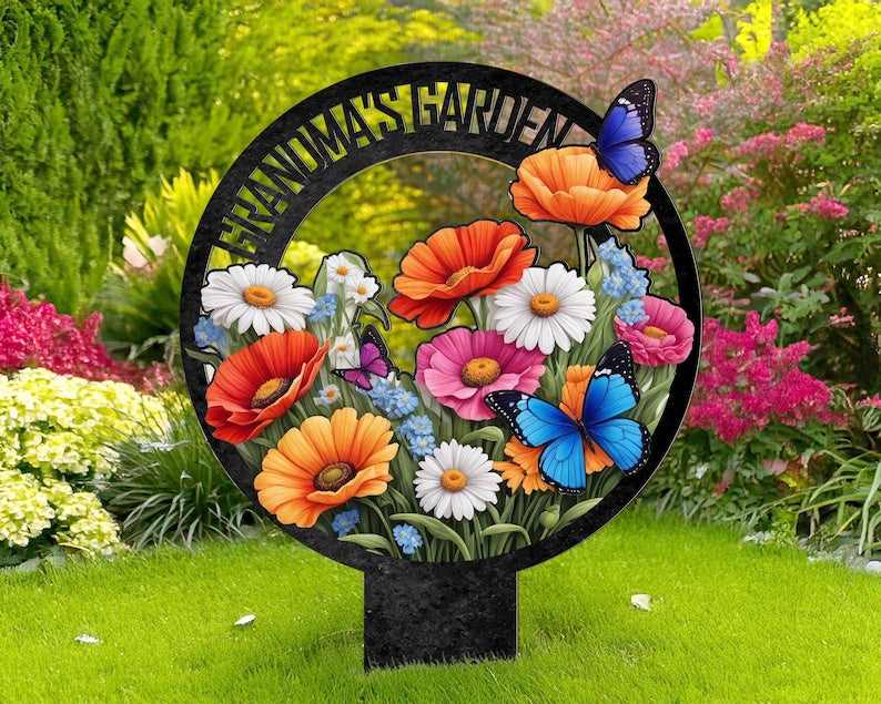 Custom Garden Metal Sign With Stakes, Grandma's Garden Name Sign, Personalized Garden Flower Sign, Metal Yard Art,Outdoor Decor,Gift For Mom