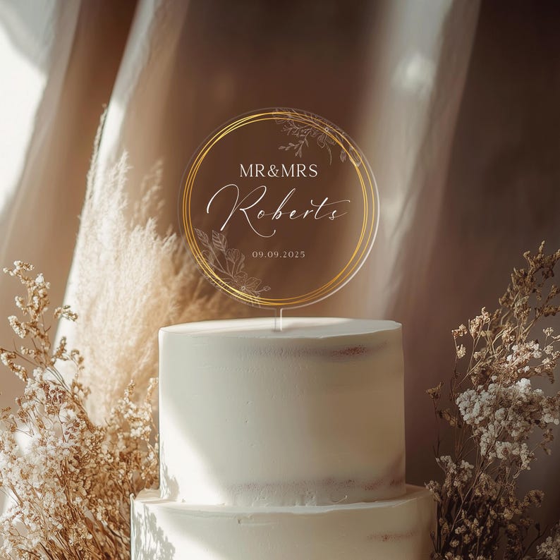 Personalized Acrylic Wedding Cake Topper, Gold Wreath Acrylic Cake Topper for Wedding, Custom Name Cake Topper, Anniversary Cake Topper