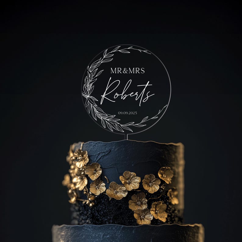 Wedding cake topper, Custom, Acrylic Cake Topper, Minimal Greenery Acrylic Topper, Personalized Wedding Cake Decor, Cake Topper Wedding